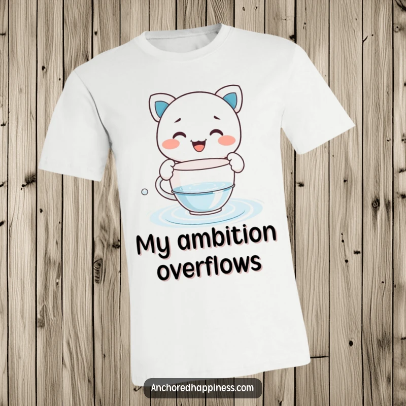Funny T-shirt featuring a grinning character comically bailing water using a tiny teacup, highlighting perseverance and humor.