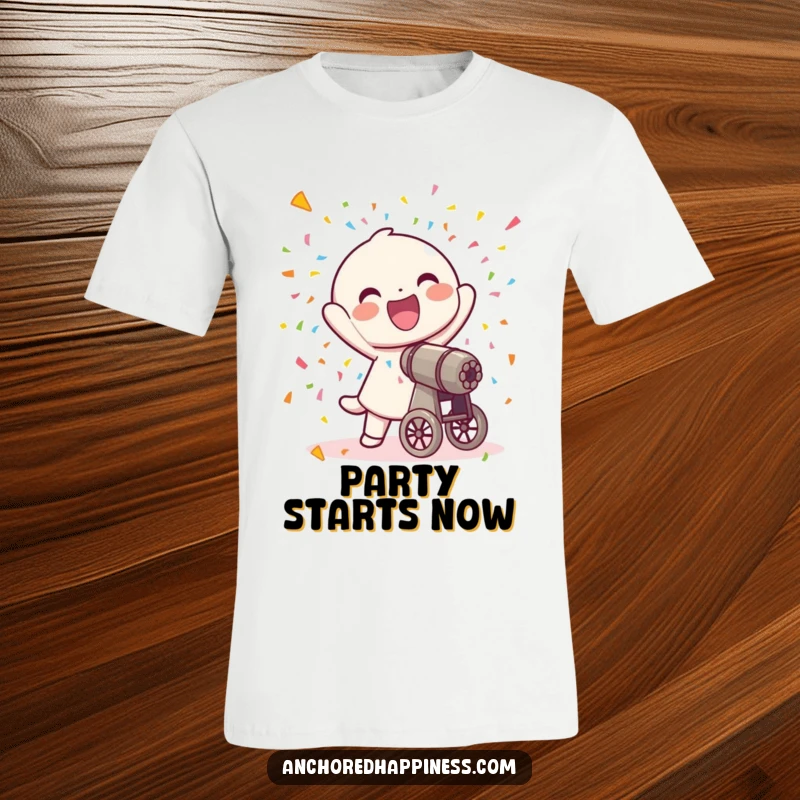 Funny t-shirt graphic of a joyful character firing a confetti cannon, showering colorful celebrations.