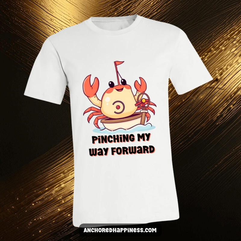 Funny t-shirt featuring a crab joyfully steering a tiny yacht with its pincers. A whimsical nautical design for sea lovers. Hilarious graphic.