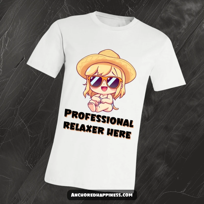 Funny t-shirt depicting a character in sunglasses and a straw hat, lounging with pure delight and ultimate relaxation.