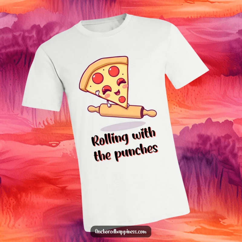 Funny t-shirt featuring a pizza slice winking while balancing on a rolling pin. A humorous and playful design for food lovers. Hilarious graphic.