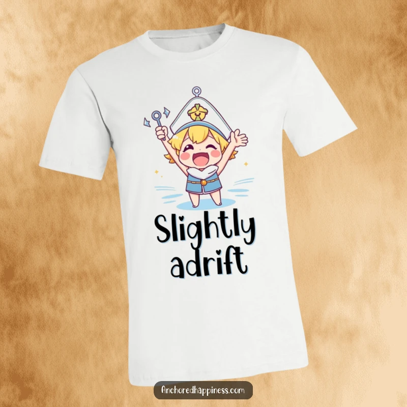 Funny anchor cheer t-shirt featuring an ecstatic character triumphantly raising a small anchor, perfect for nautical enthusiasts.