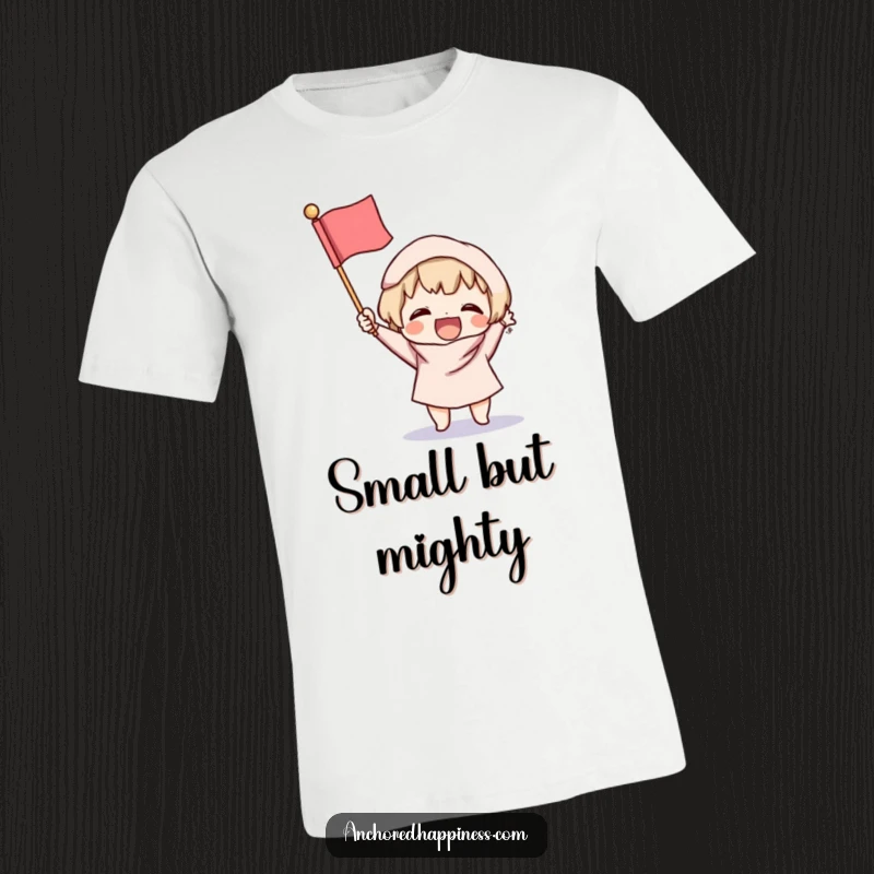 Funny Victory T-Shirt: A small character excitedly brandishes a tiny, fluffy flag, showcasing a triumphant and cheerful moment of celebration.