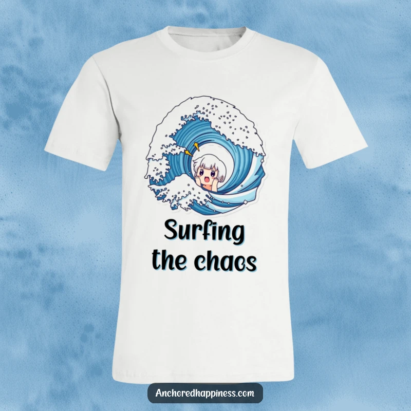 Funny t-shirt featuring a cute character reacting with comical surprise and wide eyes to an approaching large wave.