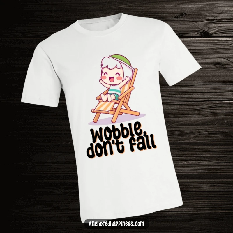 Funny Wobble T-Shirt: A happy character attempts to balance on a wobbling deck chair, capturing a moment of comical instability and effort.