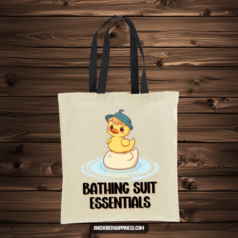 Funny tote bag showing a whimsical character balancing on a rubber ducky in the water, perfect for carrying items with a splash of humor.