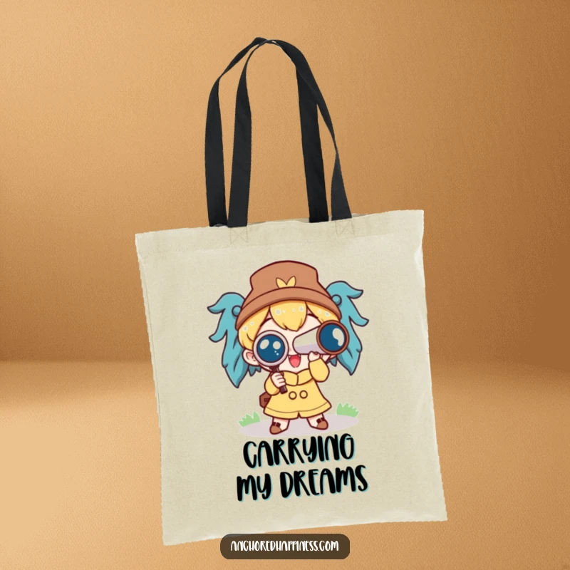Funny tote bag with a cute character holding a spyglass, excitedly scanning the horizon, ready for any task.