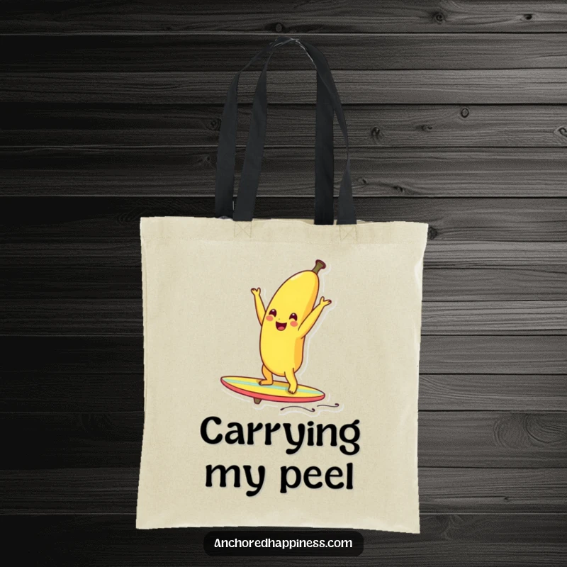 Funny smiling banana doing a handstand on a tiny surfboard, a humorous tote bag design.