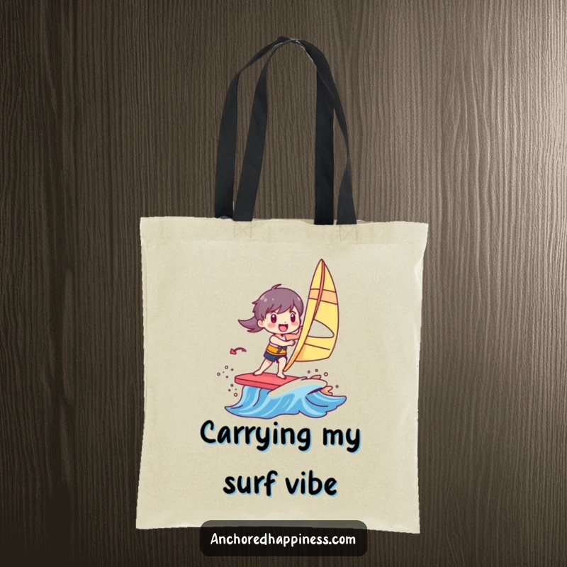 Funny tote bag showing a character joyfully windsurfing on a small, vivid, colorful wave, perfect for carrying essentials with flair.