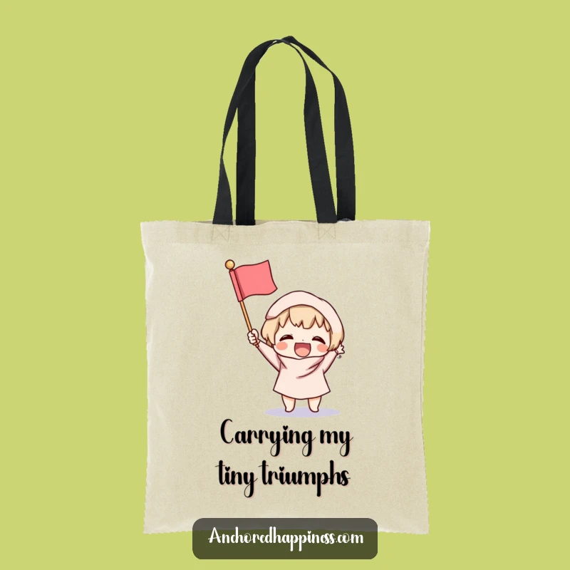 Funny Victory Tote Bag: Excited Character, Fluffy Flag - Cheerful Carry-All Gift