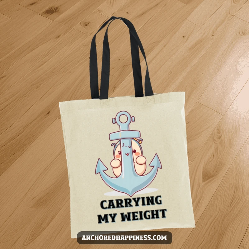 Funny tote bag graphic of a plump character shyly peeking from behind a large anchor.