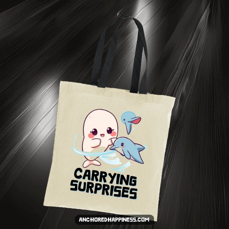 Funny kawaii dolphin surprise tote bag, character surprised, pointing at dolphin, durable and spacious, humorous ocean theme, great gift.