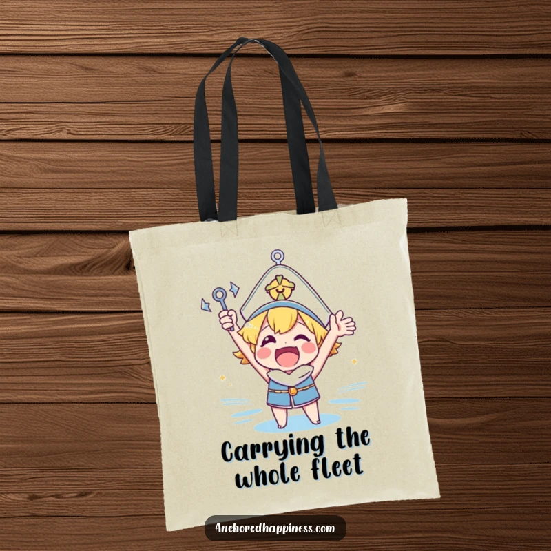 Funny anchor cheer tote bag showcasing an overjoyed character holding up a small anchor, symbolizing excitement and maritime joy.