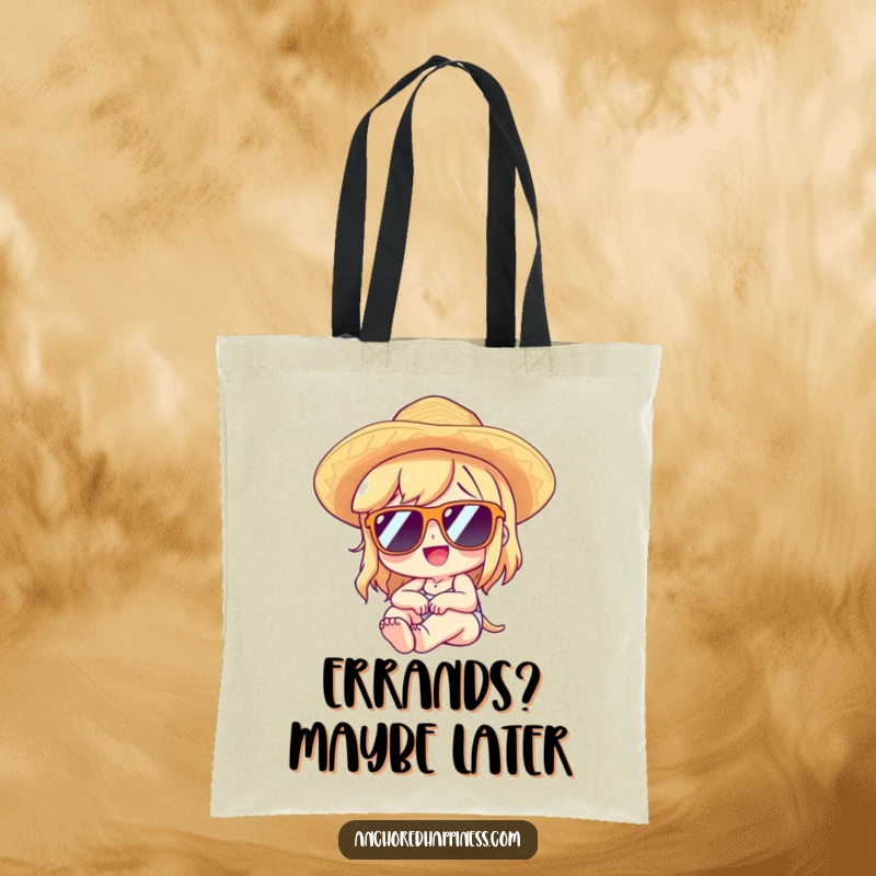 Funny tote bag with a character in sunglasses and a straw hat, lounging with pure delight, perfect for leisure trips.
