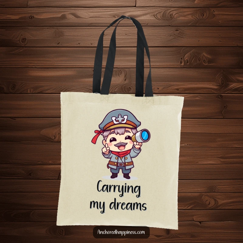 Funny tote bag showing a character as a captain, spyglass prominently featured, ready for a humorous journey.