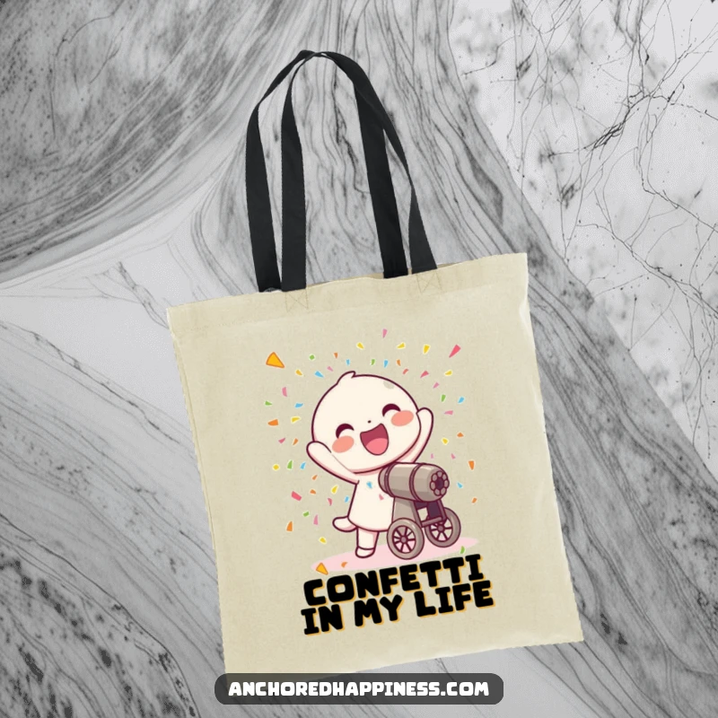 Funny tote bag graphic of a joyful character firing a small confetti cannon, spreading colorful paper.