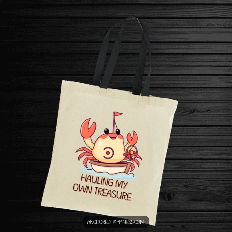 Funny tote bag depicting a crab steering a miniature yacht with its pincers. A humorous and practical accessory for sea lovers. Great graphic.