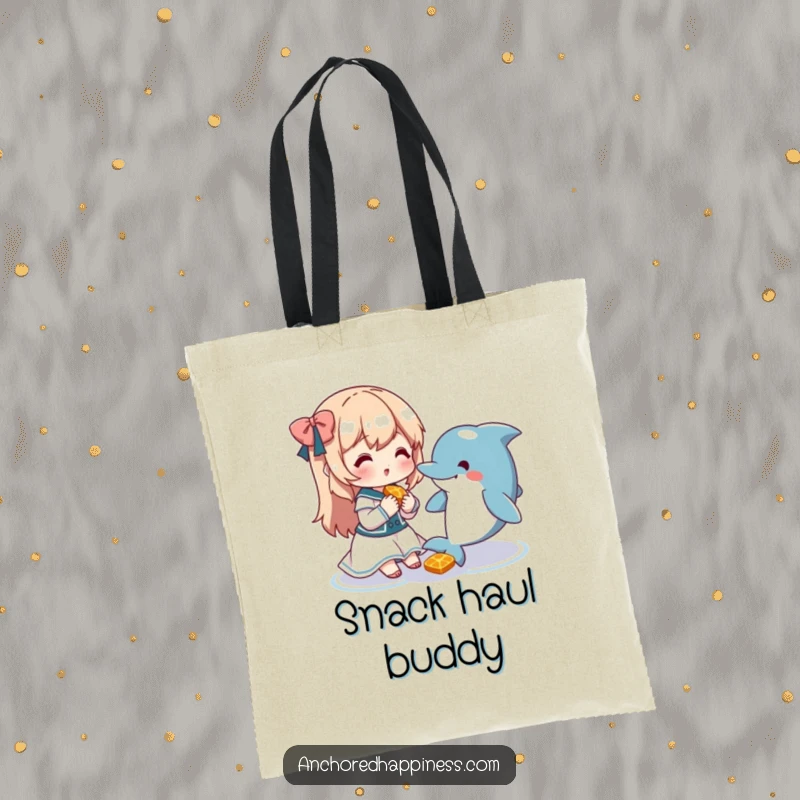 Funny tote bag showing a cute character sharing a snack with a friendly dolphin, perfect for carrying items with joy.