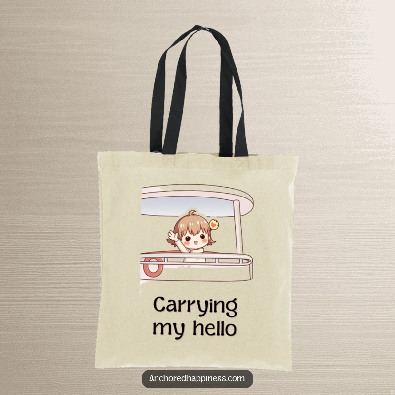Funny tote bag with a charming figure enthusiastically waving from a boat deck, ideal for carrying items with a friendly nautical touch.