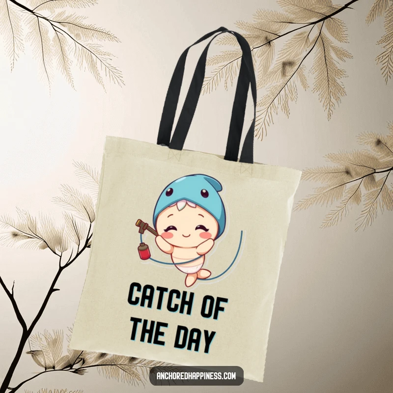 Funny tote bag showcasing a cute character beaming while comically tangled in fishing line, ready for errands.