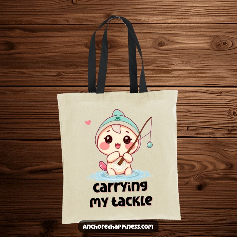 Funny tote bag with a playful character casting a fishing line with a hopeful expression, ideal for anglers and daily use.