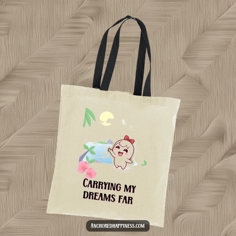 Funny Tote Bag: Cute character pointing at a distant island, inspiring travel and dreams, a practical and funny gift.