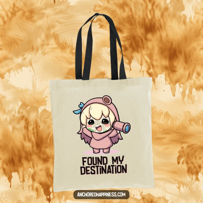 Funny kawaii explorer tote bag, character joyfully spots land through spyglass, durable and stylish, carrying discoveries with humor, great gift.