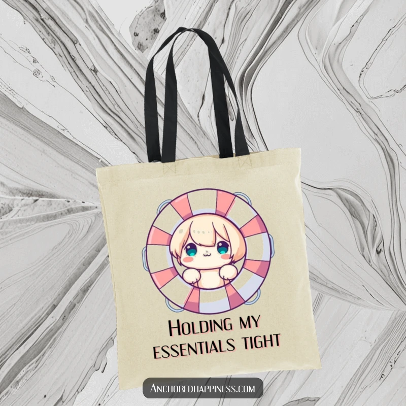 Funny Tote Bag: Cute character peeking from behind a large life preserver, symbolizing readiness and fun, a practical funny gift.