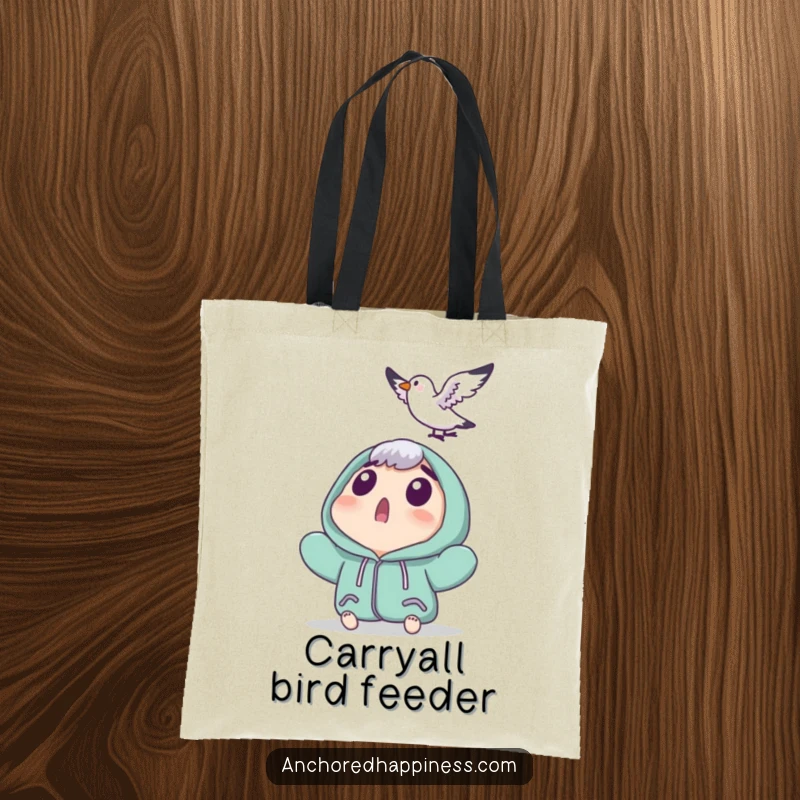 Funny tote bag showing a surprised character looking up as a tiny seagull lands, ideal for carrying essentials with a humorous, unexpected twist.