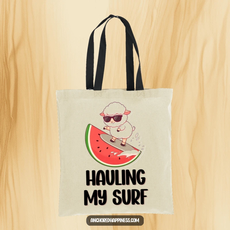 Funny sheep wearing sunglasses surfing a giant watermelon slice, a humorous tote bag design.