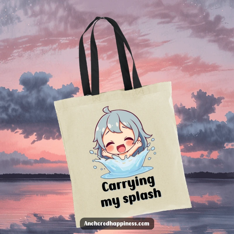 Funny splashing fun tote bag showcasing a delighted character playing with water, ideal for carrying daily items with a smile.