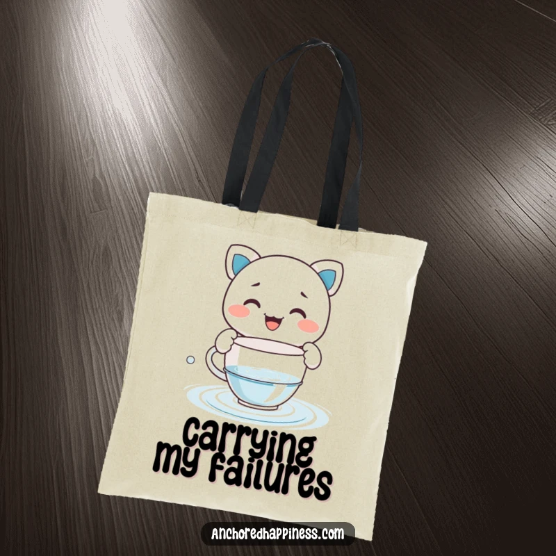 Funny tote bag illustrating a grinning character comically bailing water with a small teacup, ideal for everyday use and humor.
