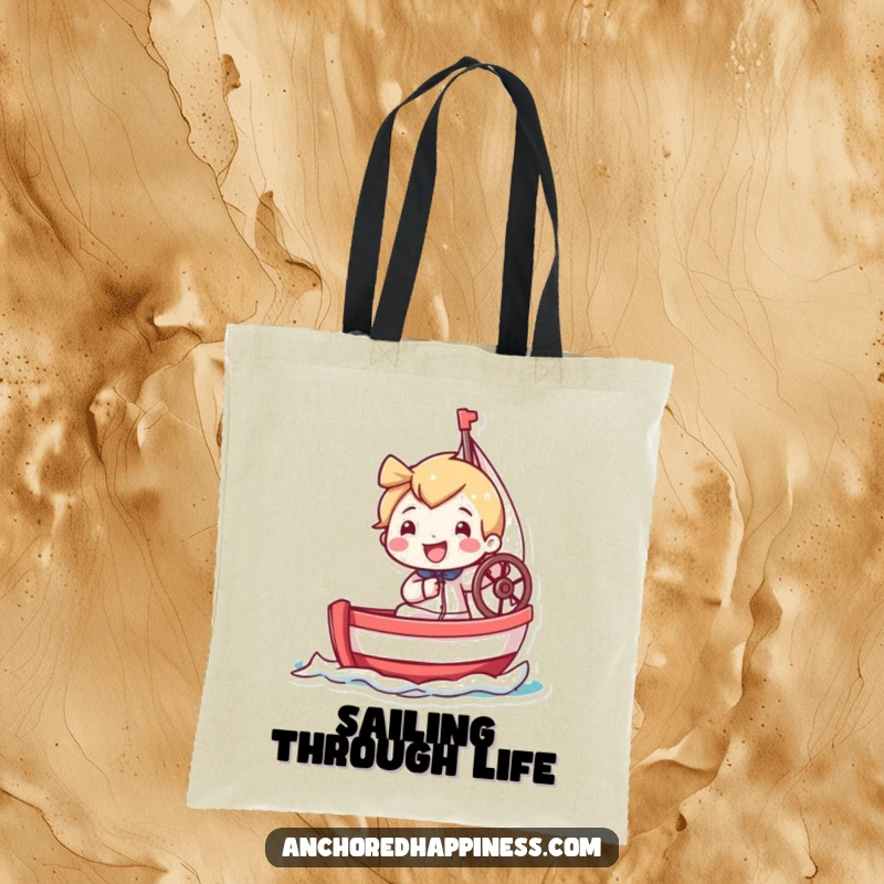 Funny tote bag displaying a tiny character joyfully steering a miniature sailboat, a symbol of cheerful exploration and humor.