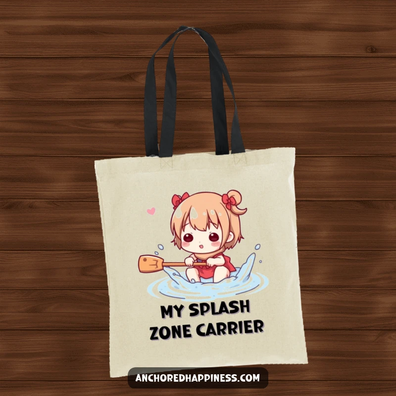 Funny Tote Bag: Cute character playfully splashing water with a small oar, perfect for beach days and water fun, a practical funny gift.