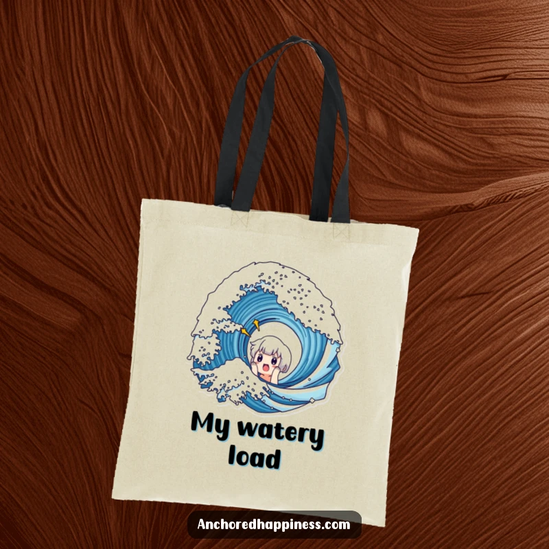 Funny tote bag featuring a cute character looking hilariously surprised by a large incoming ocean wave.