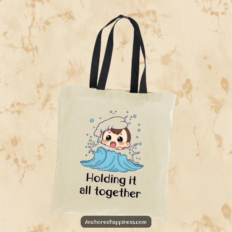 Funny tote bag featuring a character with a shocked expression being splashed by a playful wave, great for beach outings.