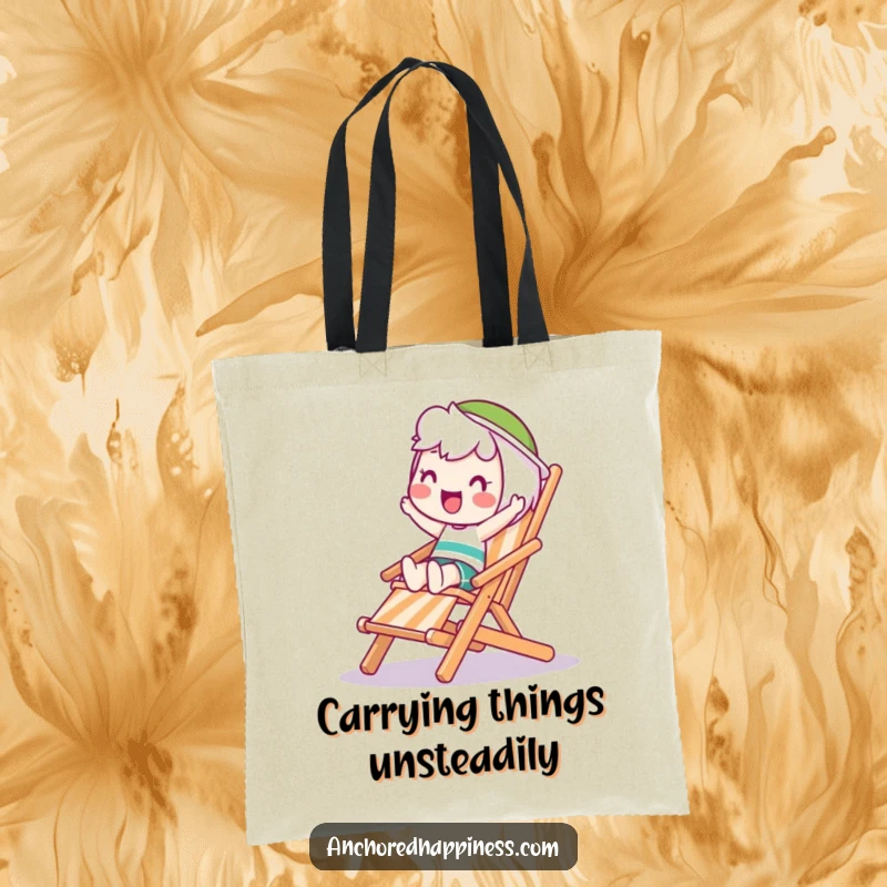Funny Wobble Tote Bag: A happy character attempts to balance on a wobbling deck chair, perfect for carrying essentials with a humorous twist.