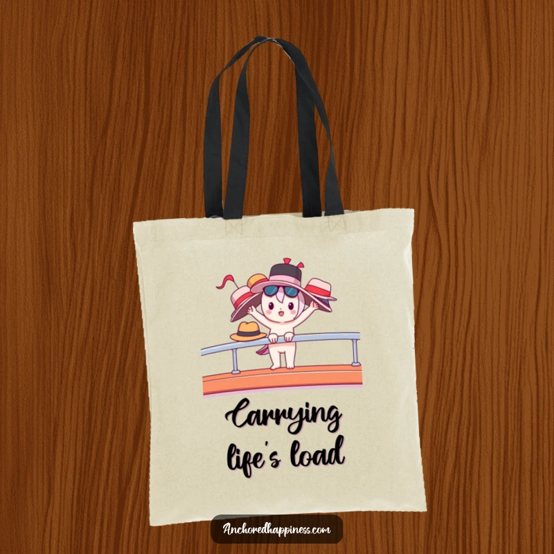 Funny tote bag with a cute character balancing many hats on a yacht railing, perfect for stylish errands.