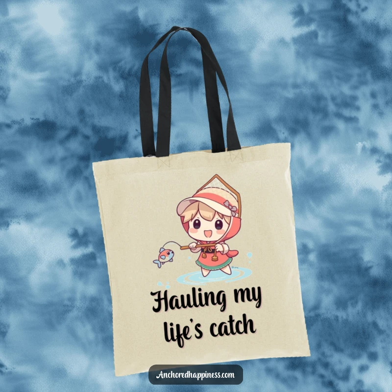 Funny tote bag featuring a character using a comically large net to catch a tiny fish, ideal for anglers and shoppers.