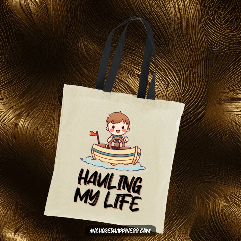 Funny tote bag with a cheerful figure comically steering a small, whimsical boat, ideal for carrying items with a dose of maritime humor.