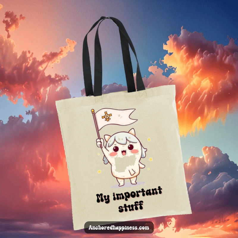 Funny tote bag featuring a cute character enthusiastically raising a signal flag, perfect for carrying items with spirit.