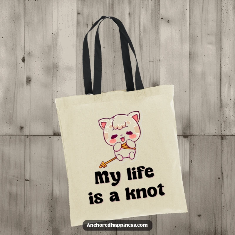 Funny kawaii character comically tangled in rope, printed on a humorous tote bag for everyday use and laughs.