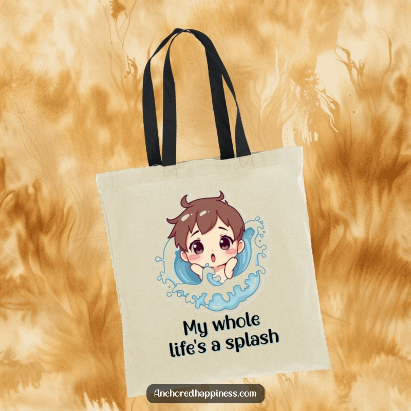 Funny tote bag featuring a surprised character getting playfully splashed by a water wave, ideal for beachgoers and humor enthusiasts.