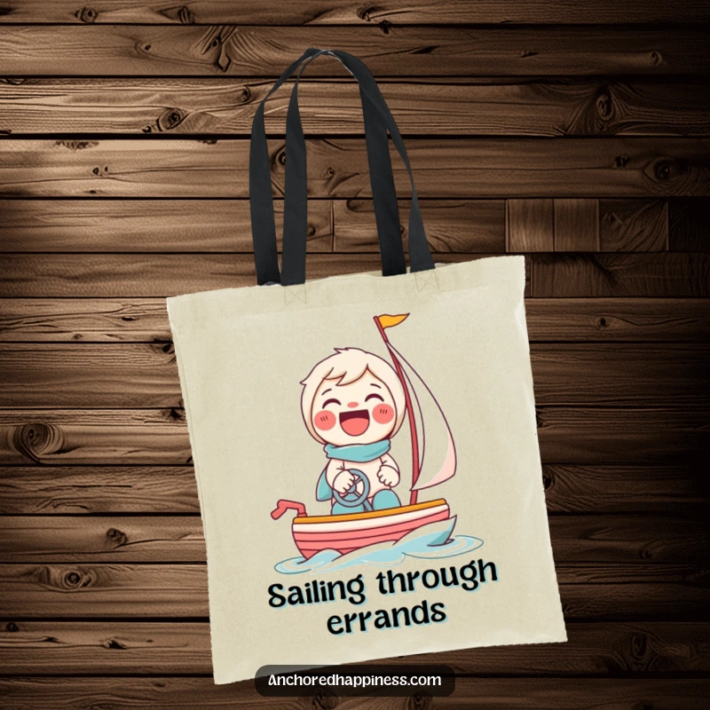 Funny tote bag with a beaming character giggling while steering a tiny toy sailboat, perfect for carrying daily essentials.