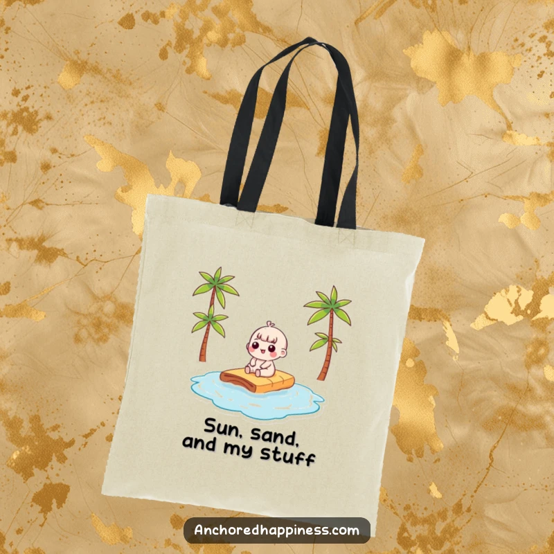 Funny kawaii character on a raft, sunbathing with a joyful expression, printed on a durable tote bag for beach trips.
